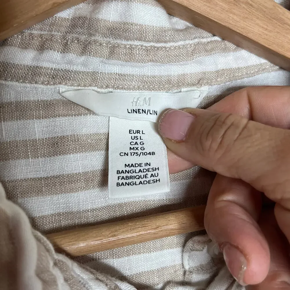 H&M Linen Striped Button Down Shirt Relaxed Resort Vacation Tan Women Large - Picture 3 of 7